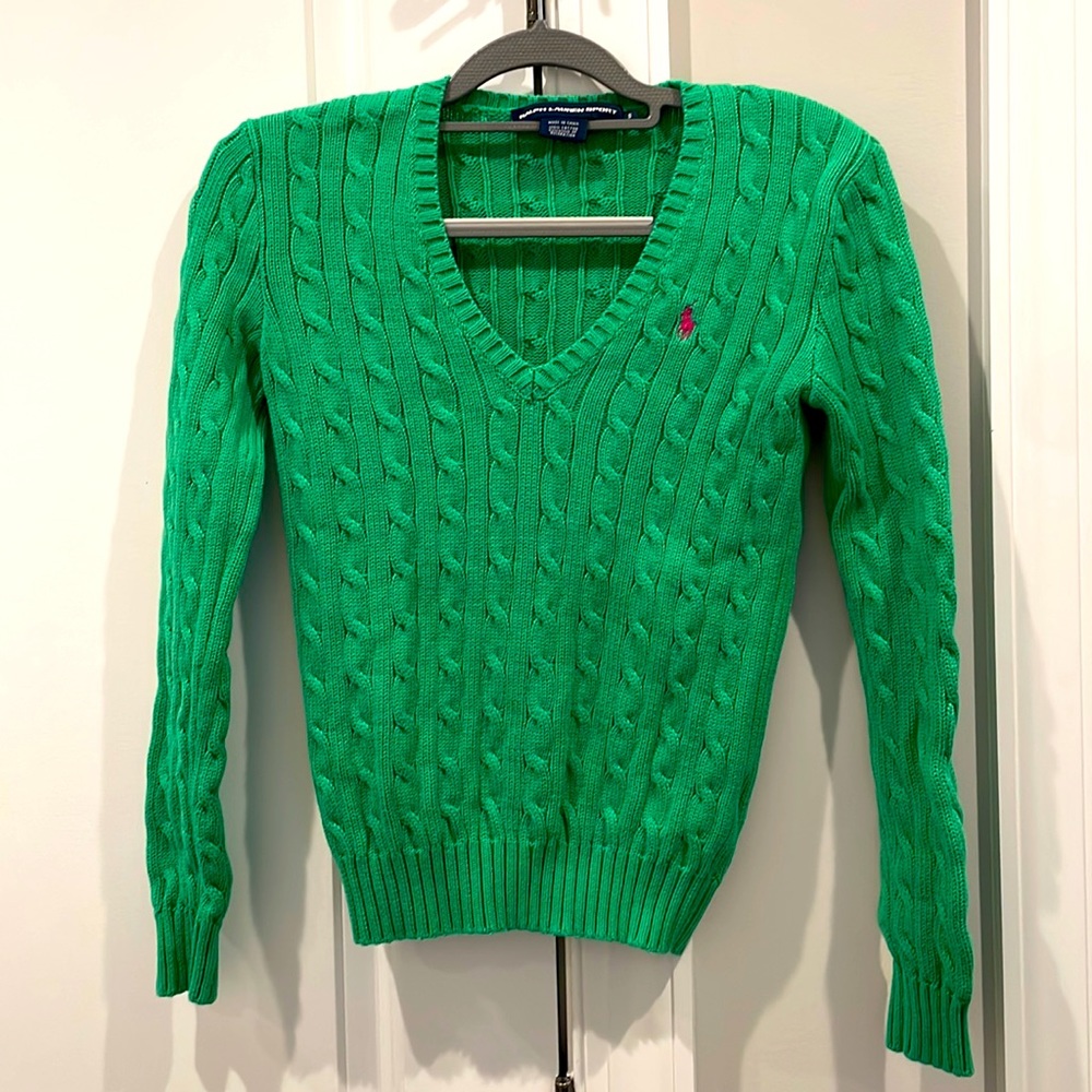 Ralph Lauren Sport cable V-neck sweater. Bright green. Size small.
